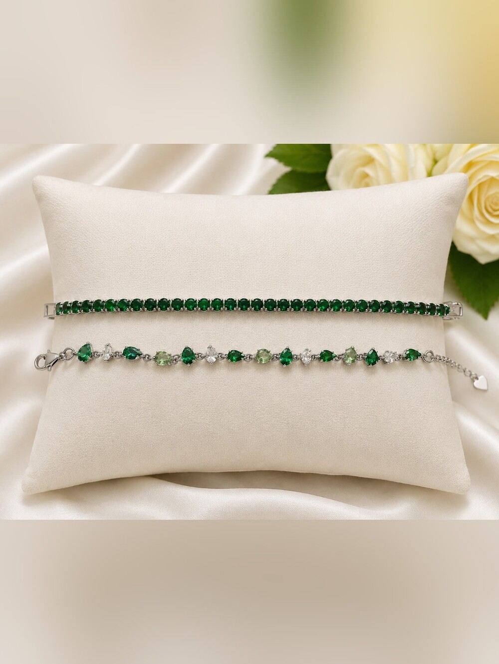 Emerald Green Tennis Bracelet & Green Crystal Link Bracelet Set | 7.5" & 8.5"